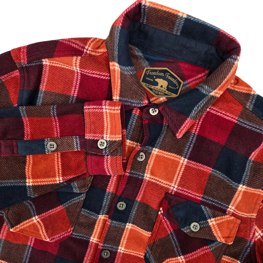 Freedom Foundry LARGE Fleece Plaid Shirt Jacket Mens Red Orange Navy Shacket